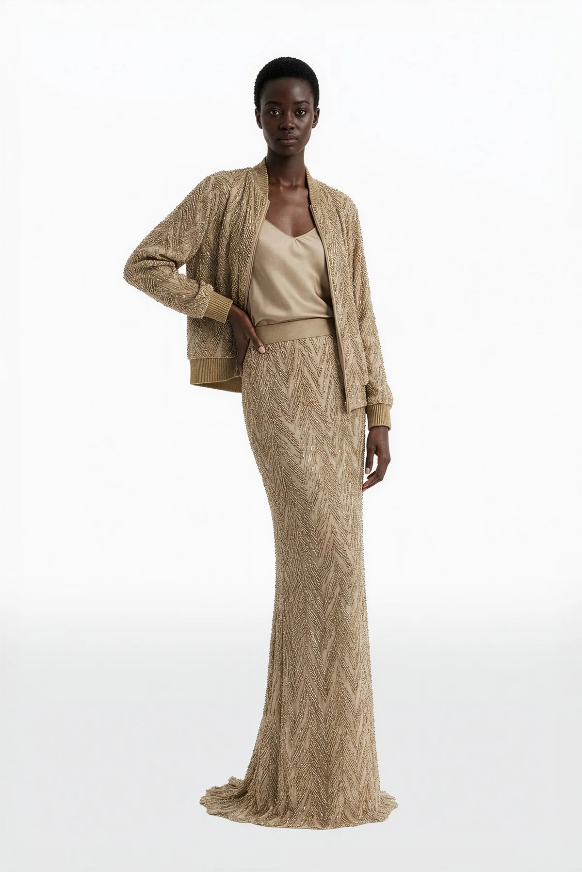 Embroidered Jacket with Satin Top and Skirt