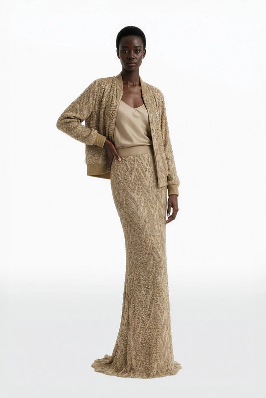 Embroidered Jacket with Satin Top and Skirt