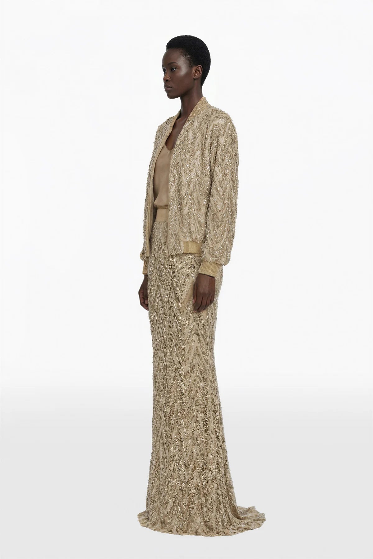 Embroidered Jacket with Satin Top and Skirt