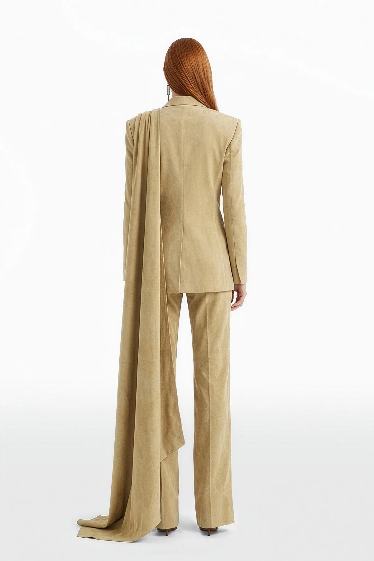 Draped Suede Jacket and Wide Leg Pants Set