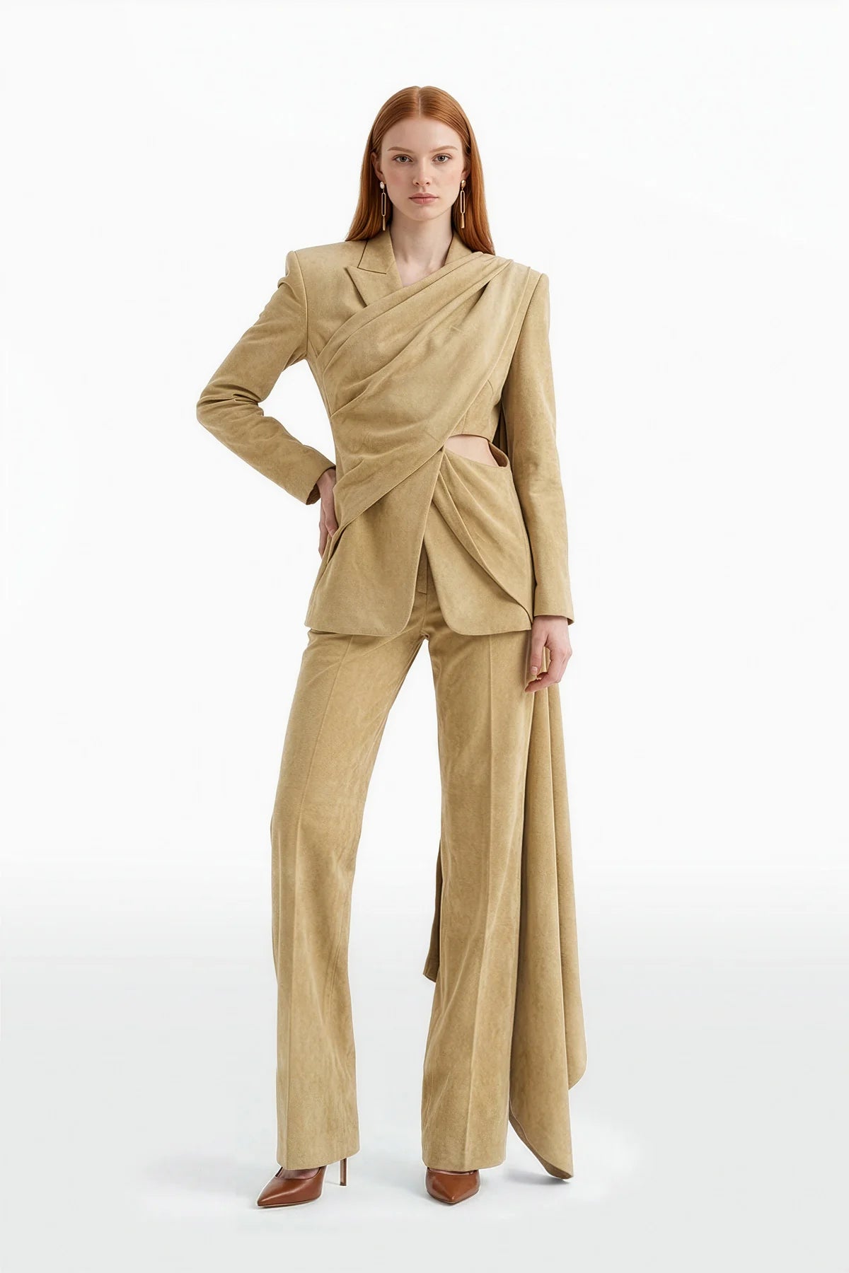 Draped Suede Jacket and Wide Leg Pants Set