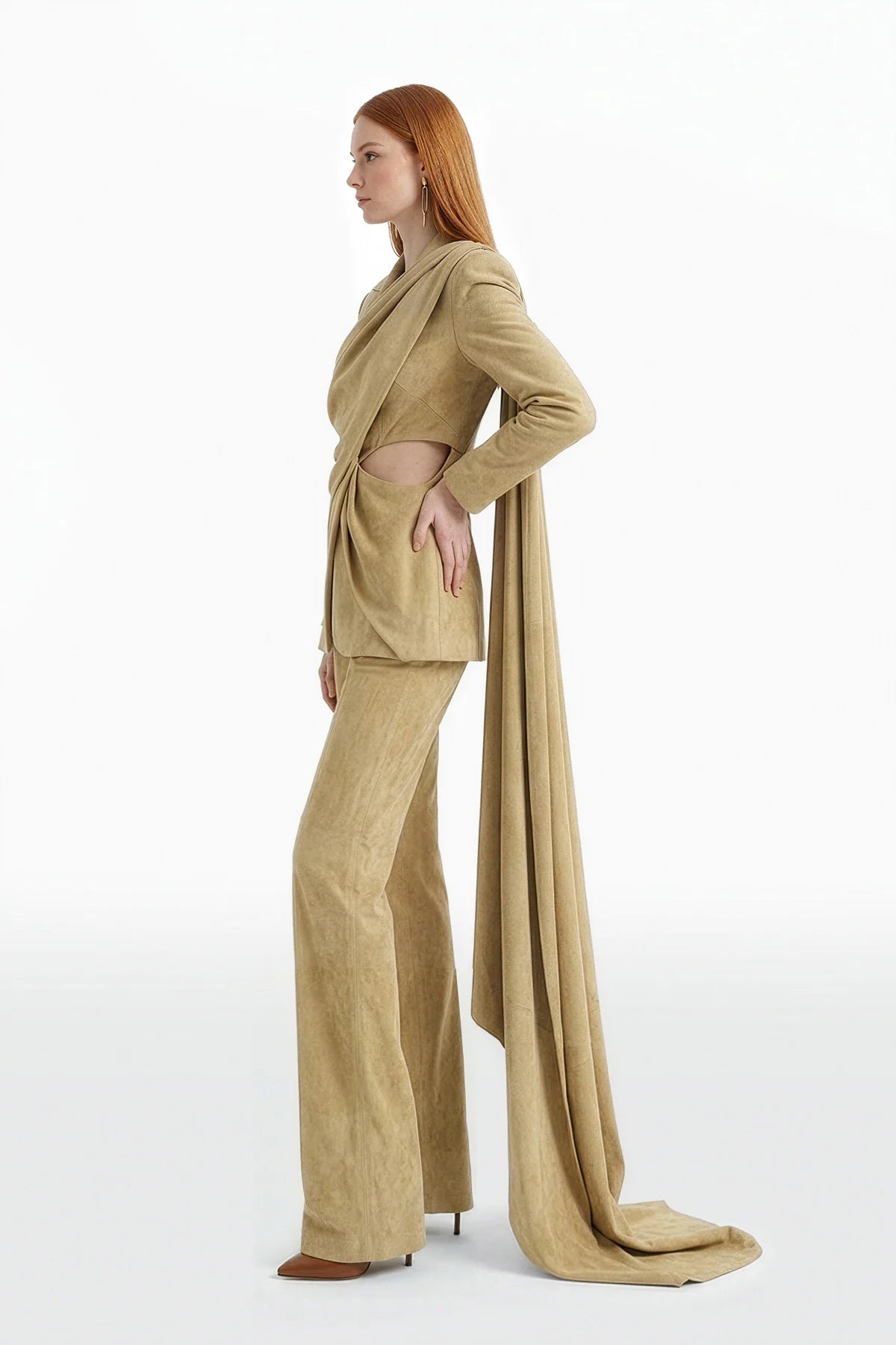 Draped Suede Jacket and Wide Leg Pants Set