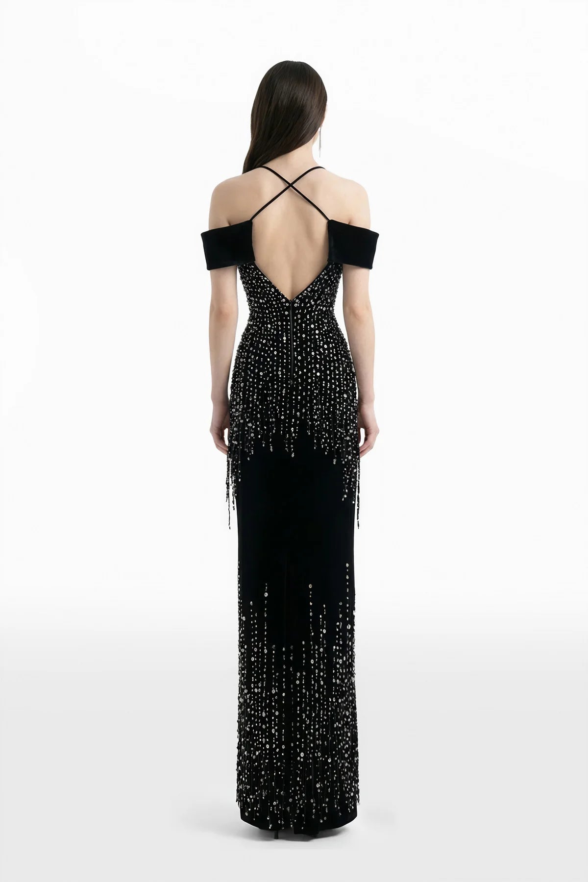 Off-Shoulder Velvet Embroidered Dress
