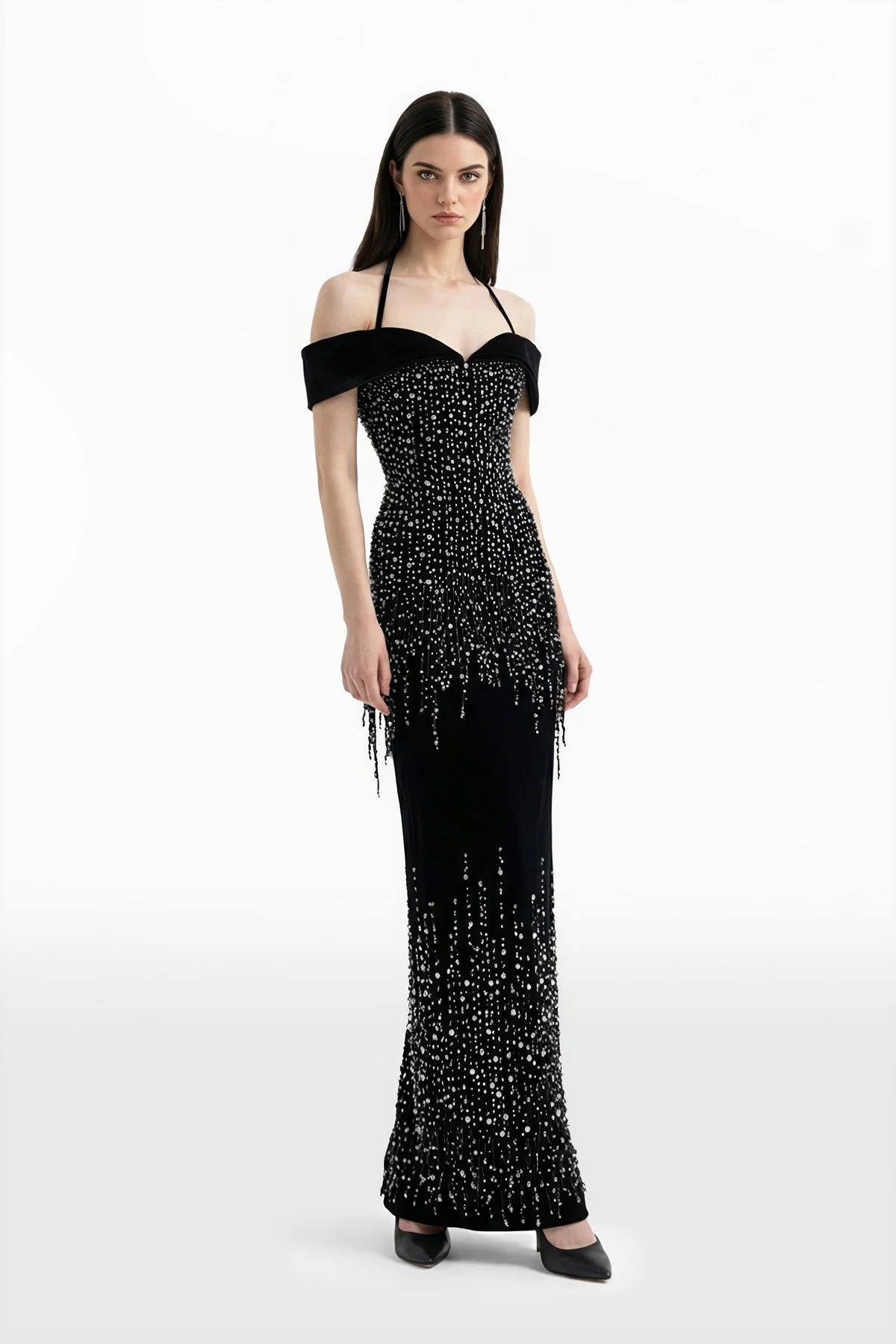 Off-Shoulder Velvet Embroidered Dress
