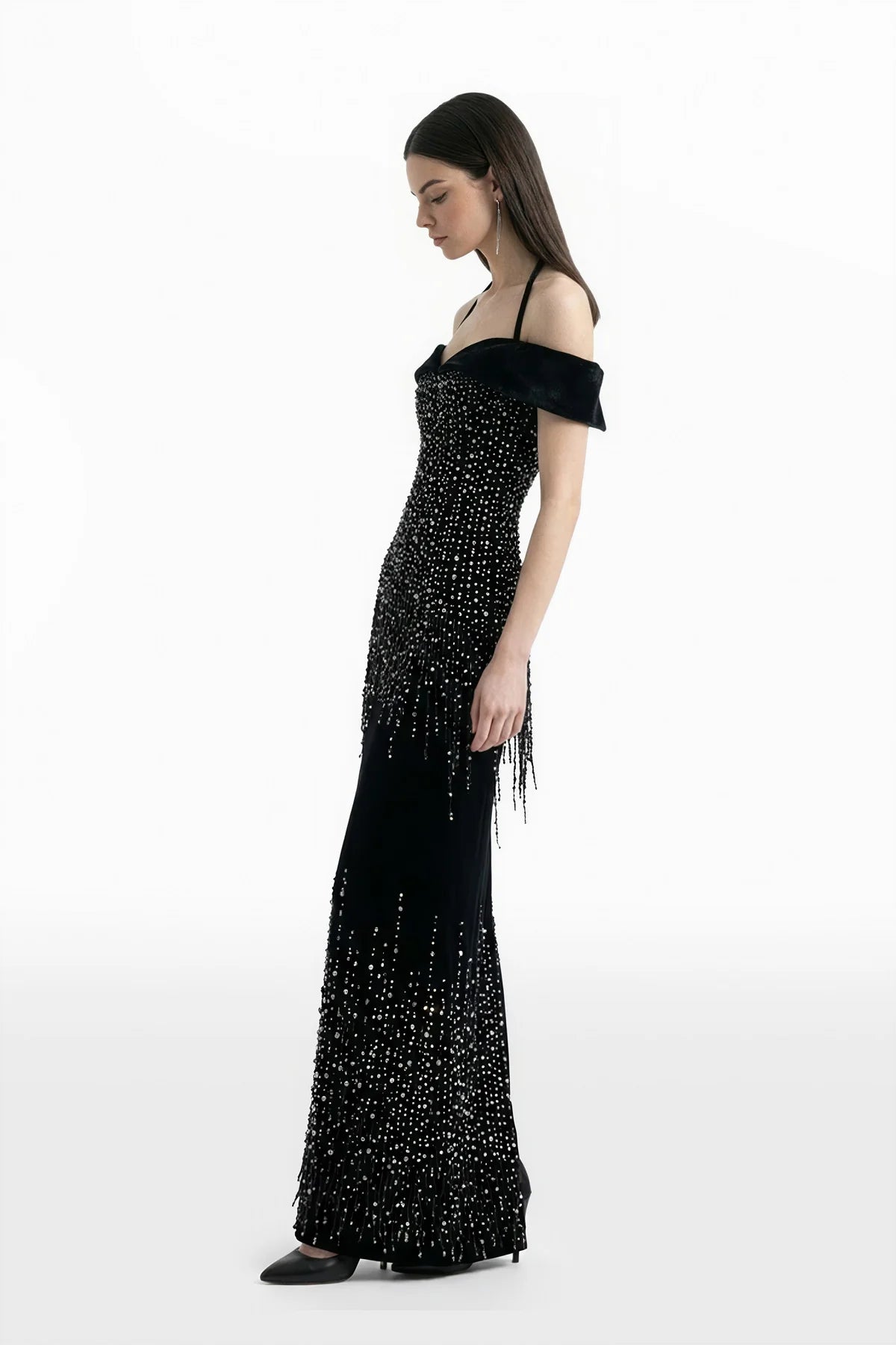 Off-Shoulder Velvet Embroidered Dress