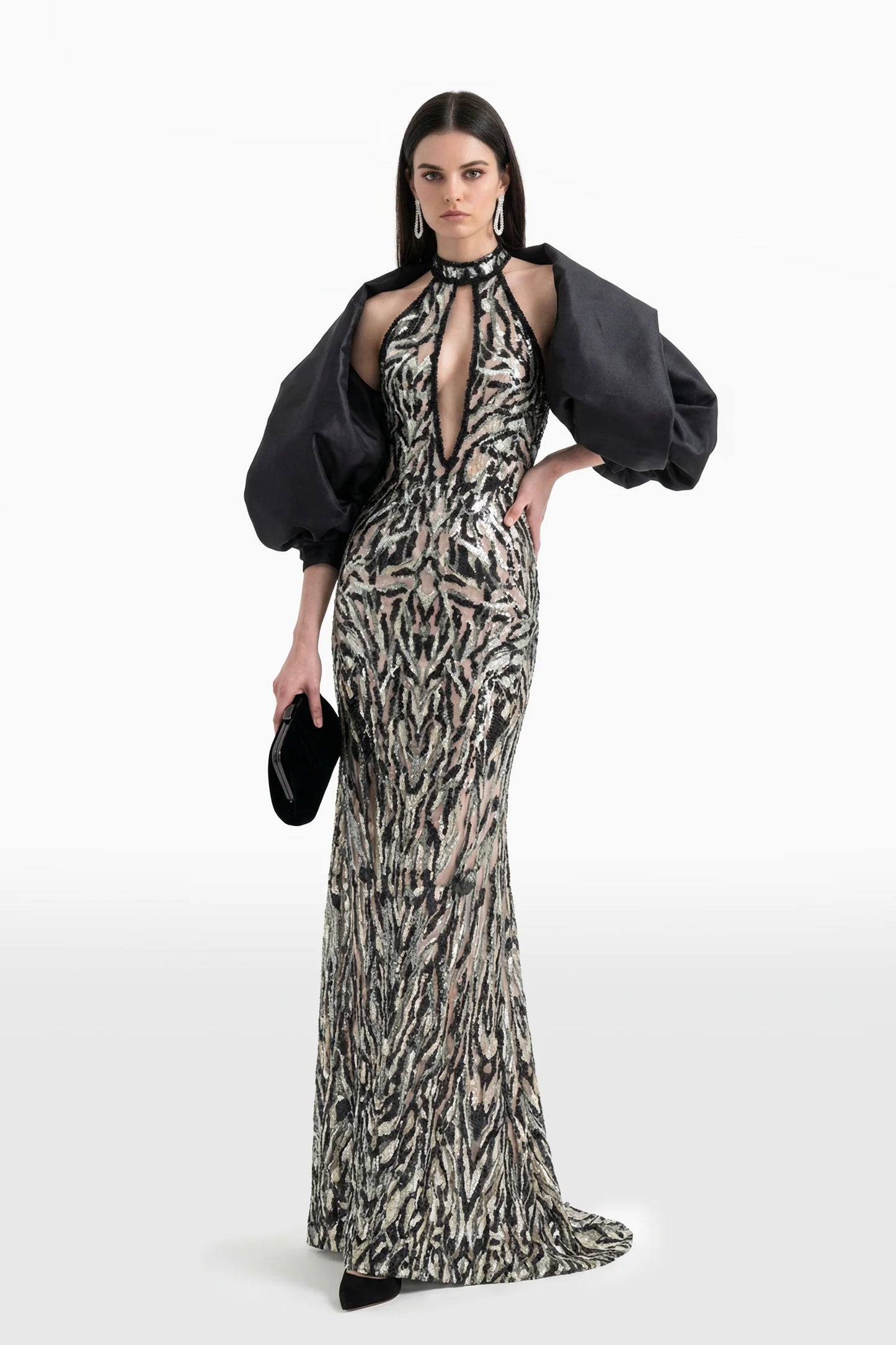 Embroidered Halter Neck Long Dress with Bolero