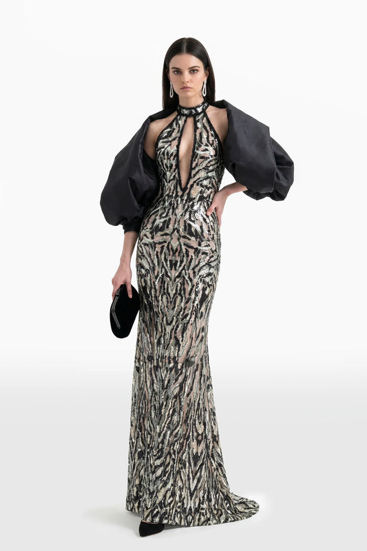 Embroidered Halter Neck Long Dress with Bolero