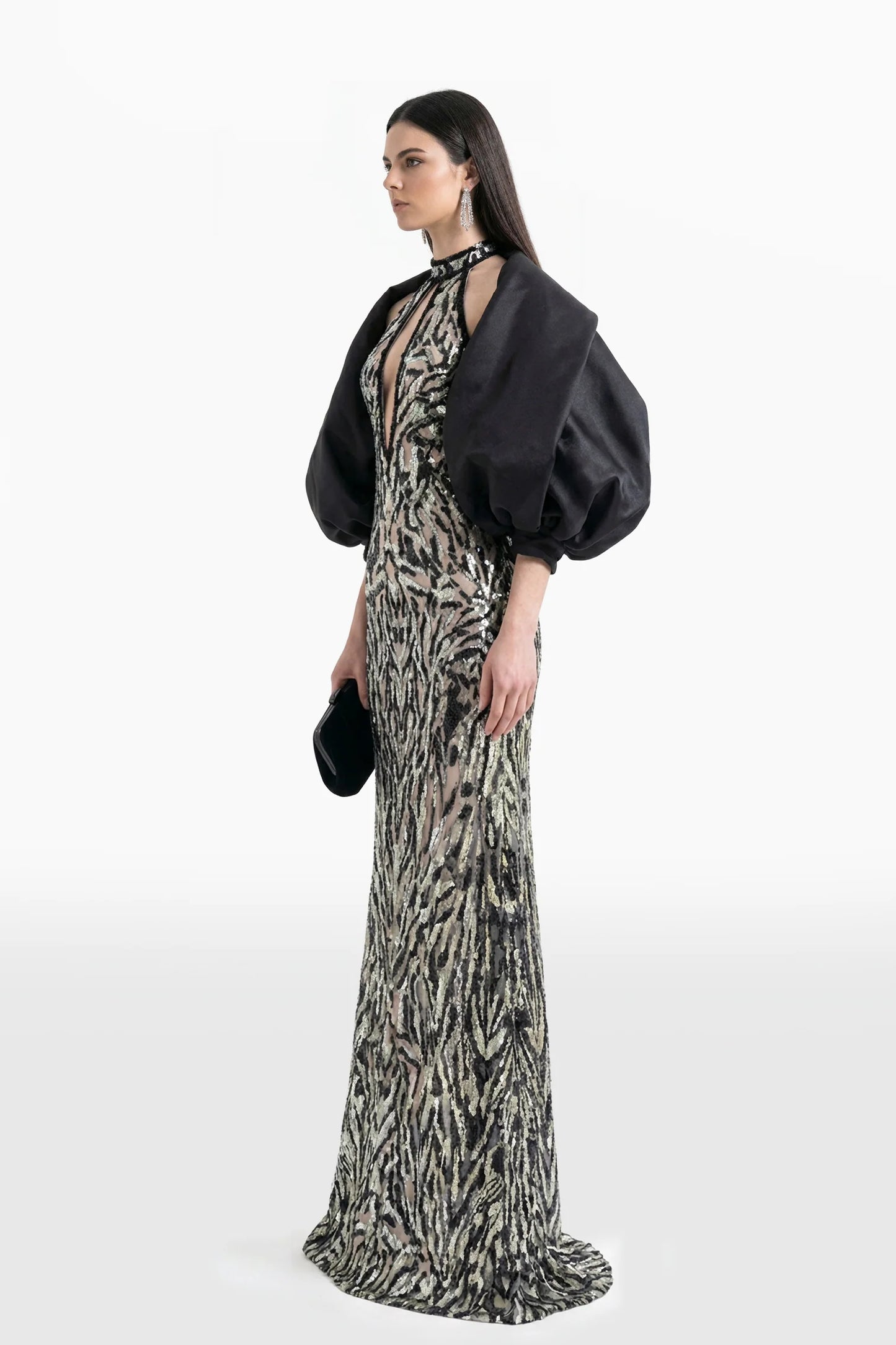 Embroidered Halter Neck Long Dress with Bolero