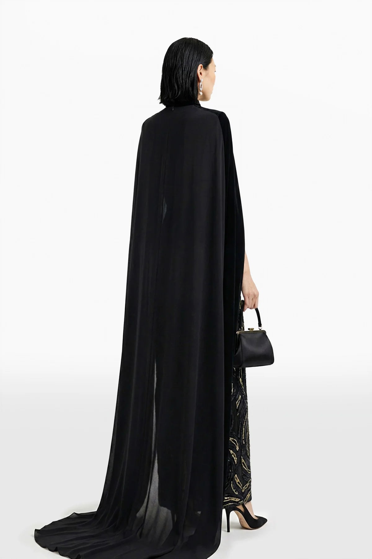 Velvet Embroidered Dress with Cape