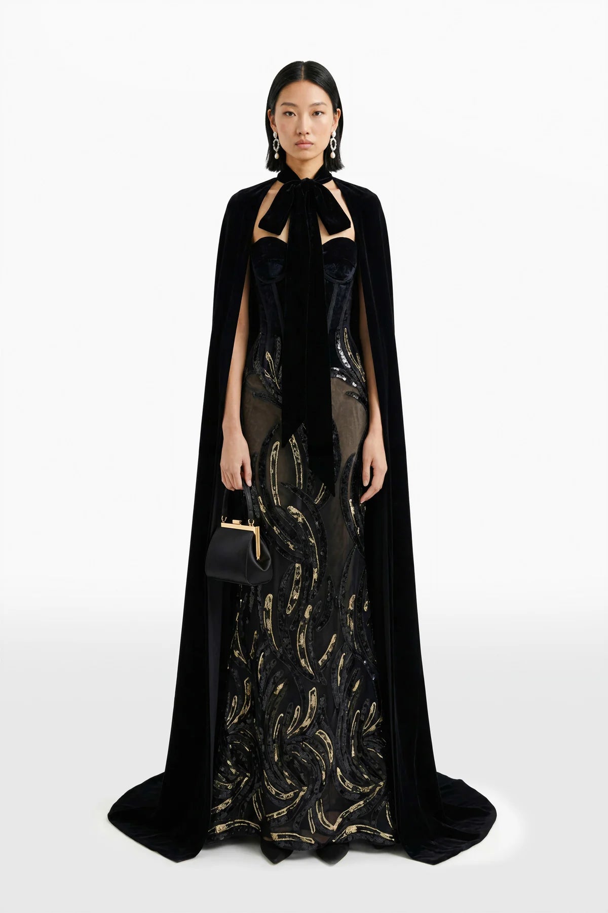 Velvet Embroidered Dress with Cape