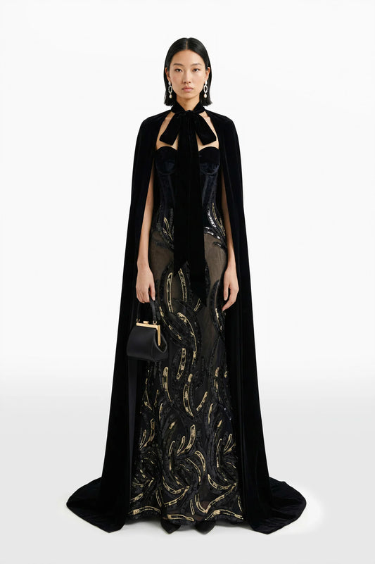 Velvet Embroidered Dress with Cape
