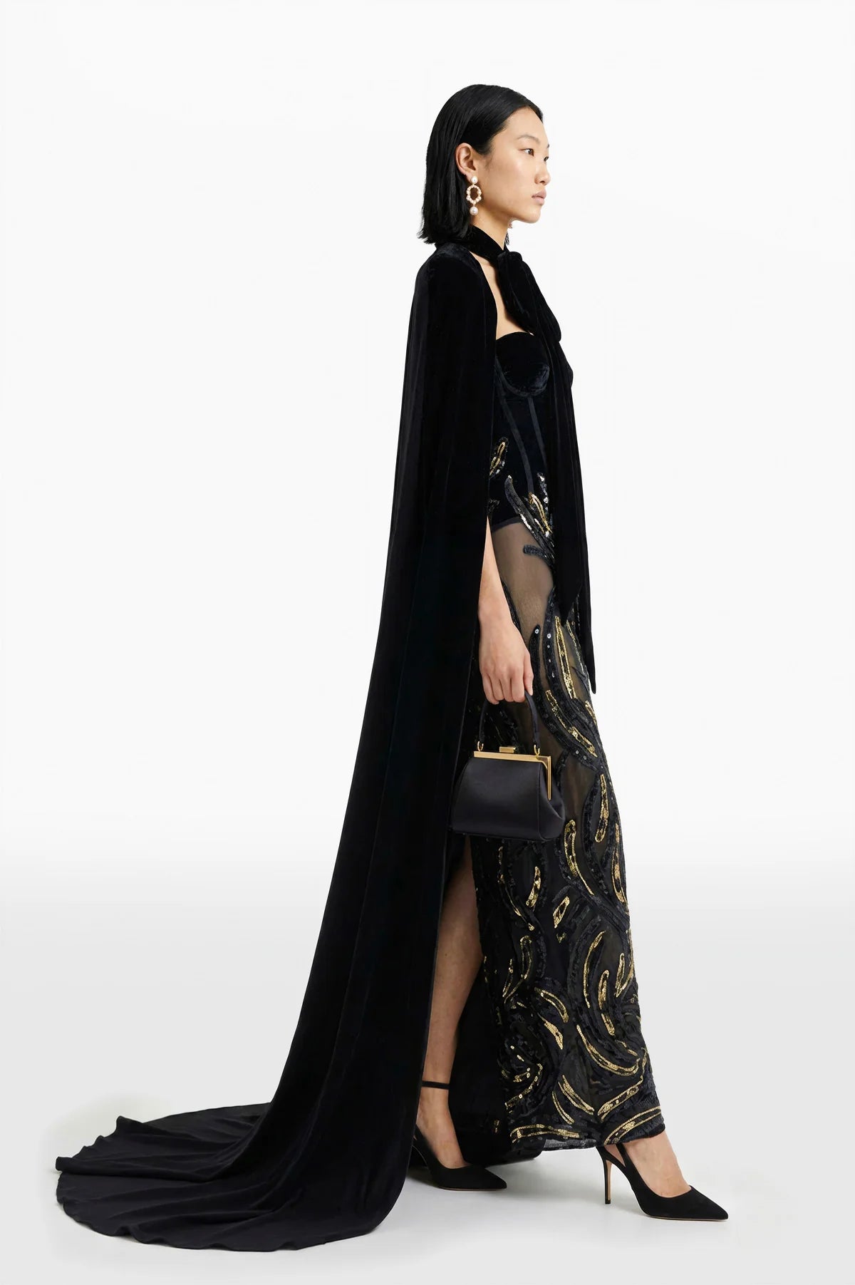 Velvet Embroidered Dress with Cape
