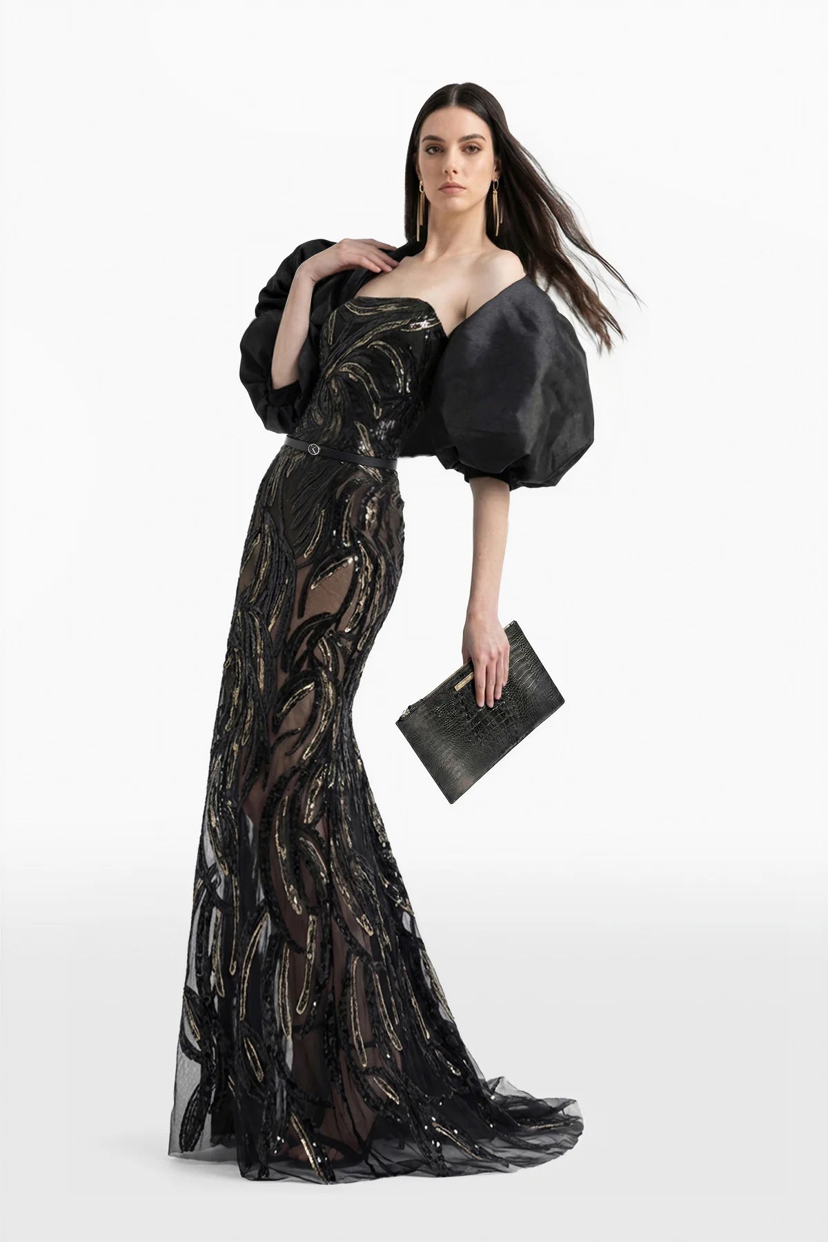 Strapless Long Embroidered Dress with Bolero