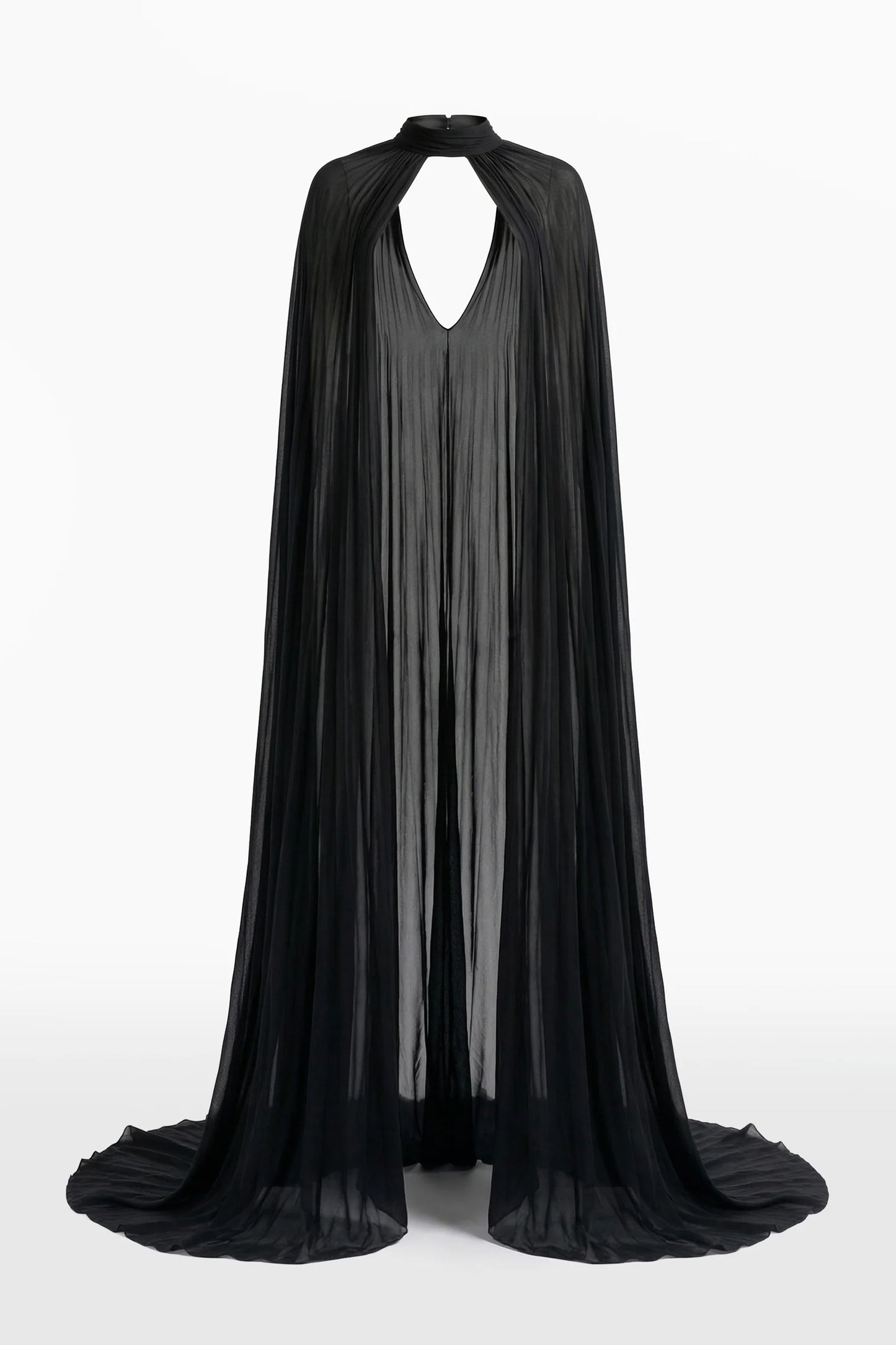 Embroidered Long Dress with Pleated Cape