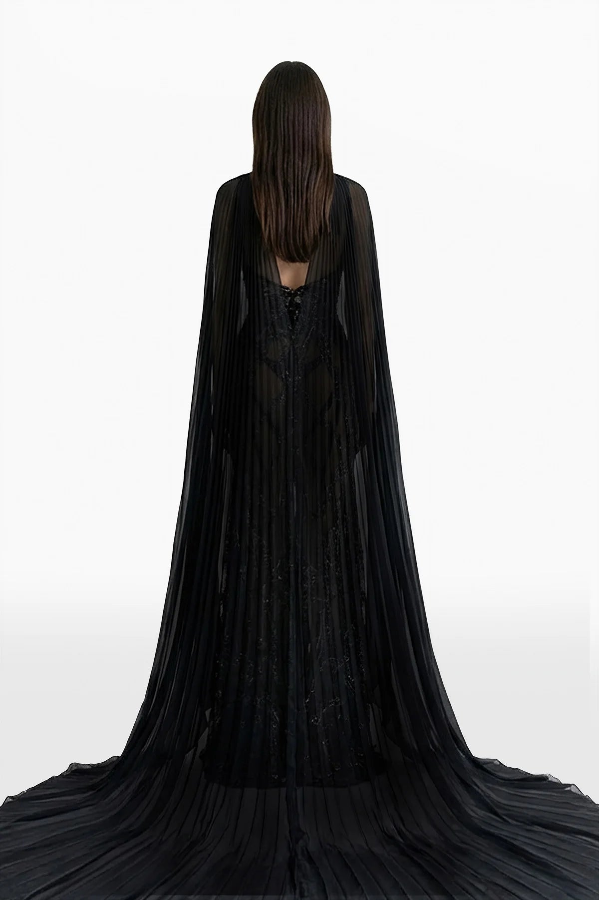 Embroidered Long Dress with Pleated Cape