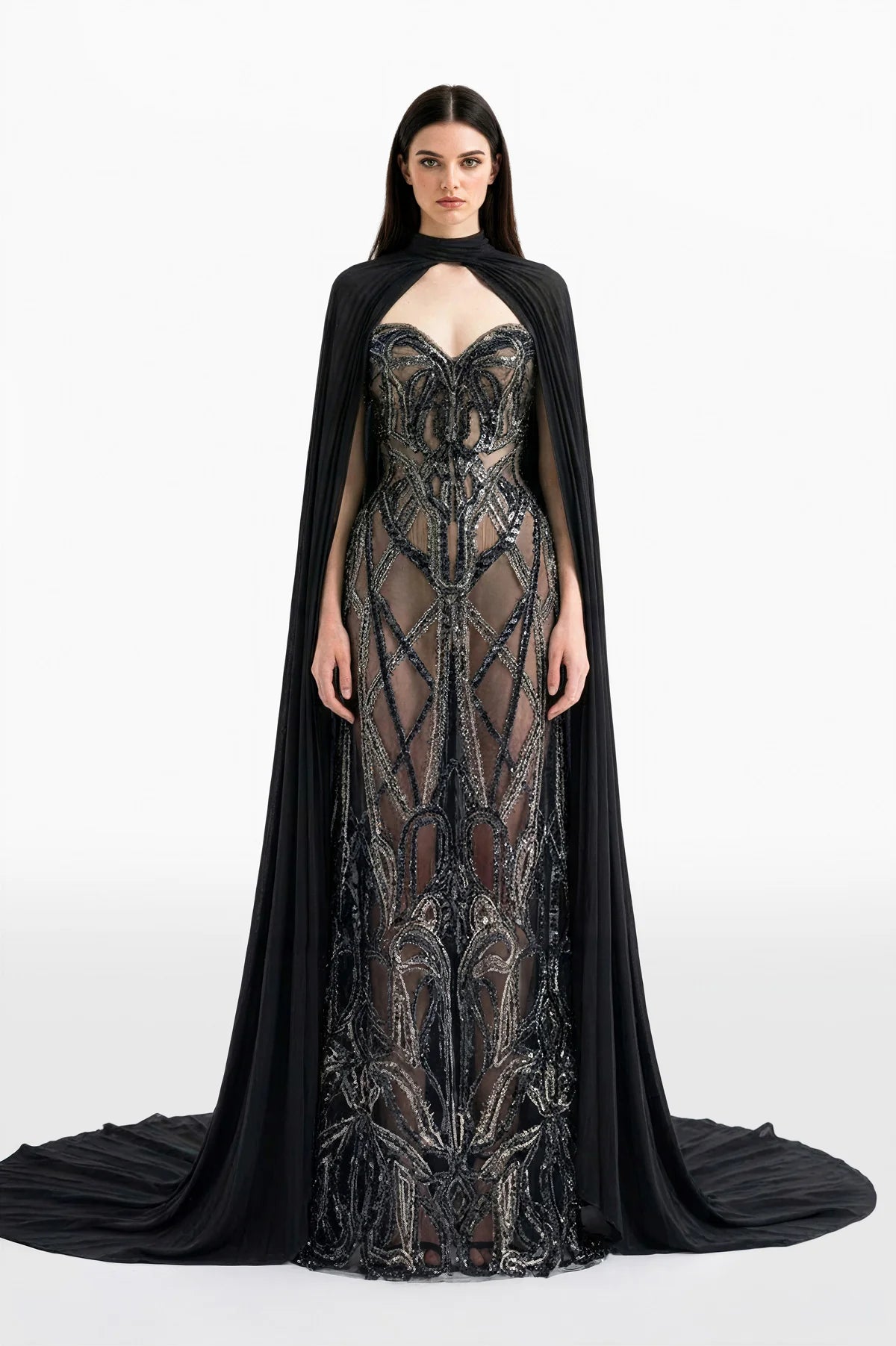 Embroidered Long Dress with Pleated Cape
