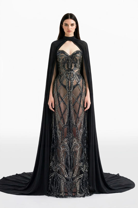 Embroidered Long Dress with Pleated Cape