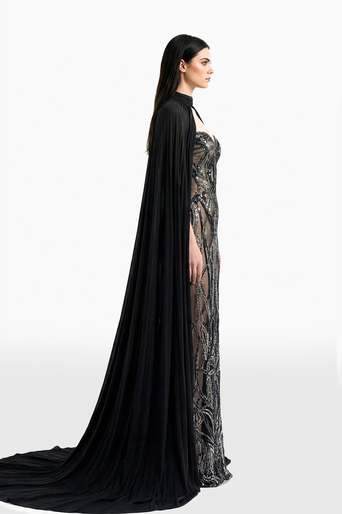 Embroidered Long Dress with Pleated Cape