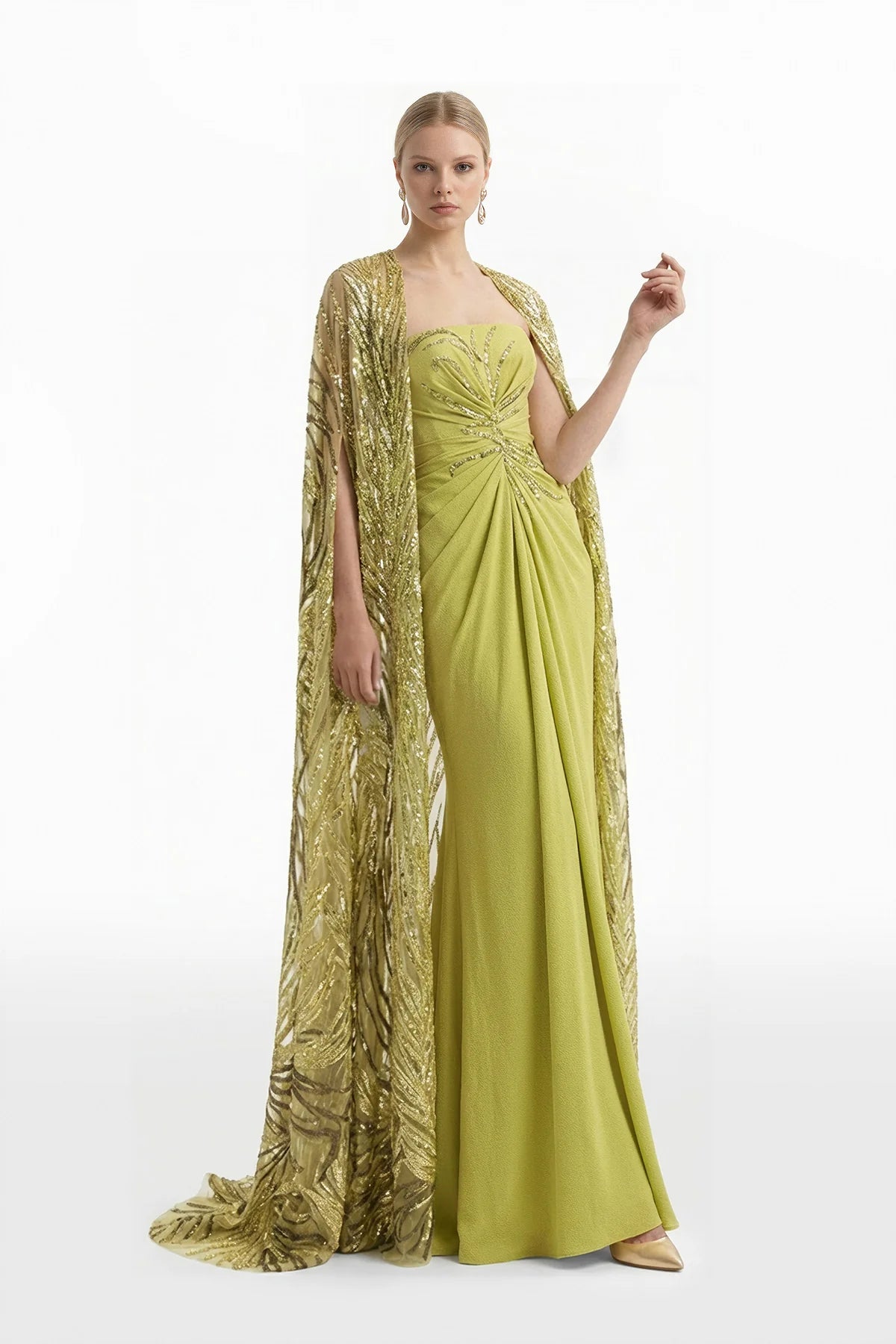 Crepe Pleated Dress with Embroidered Cape