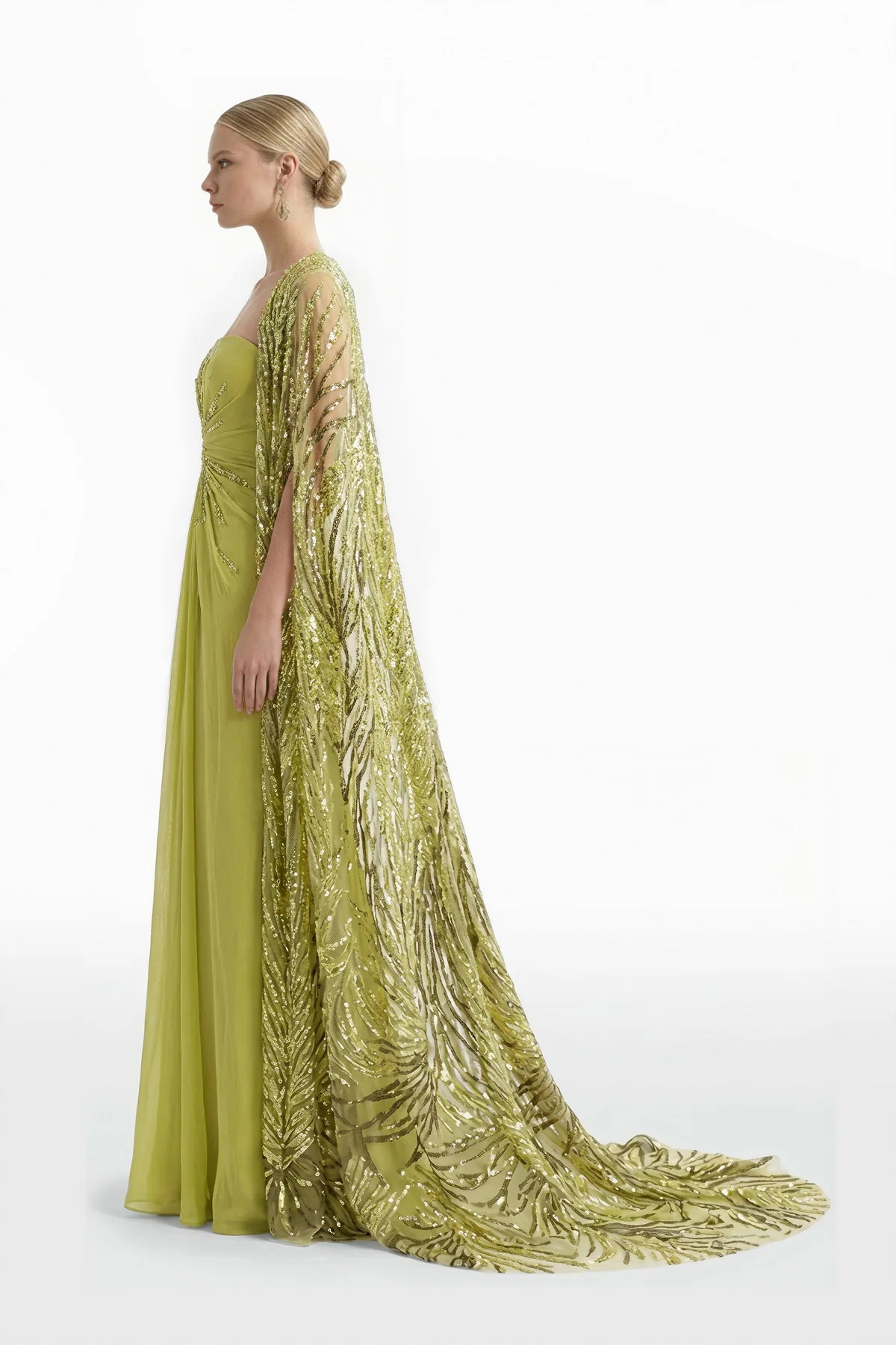 Crepe Pleated Dress with Embroidered Cape