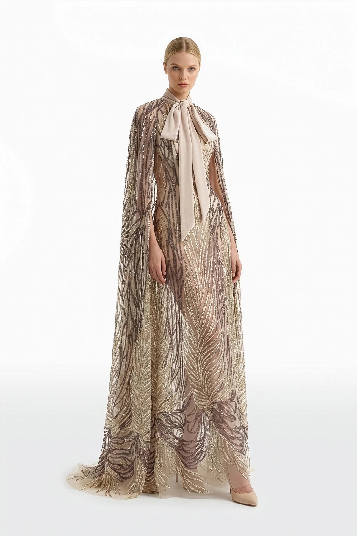 Embroidered Long Dress with Cape