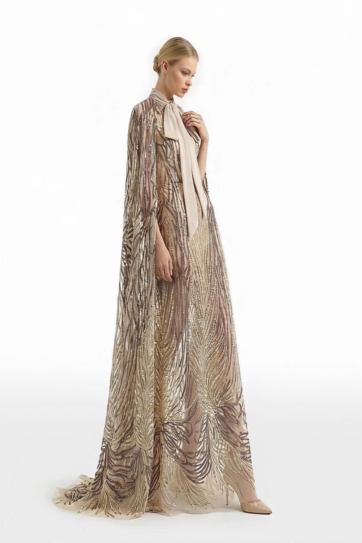 Embroidered Long Dress with Cape