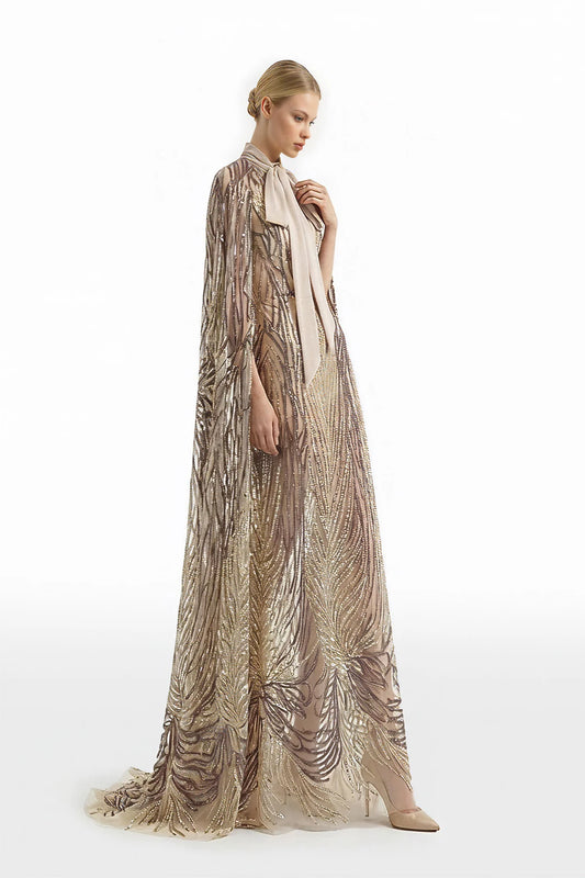 Embroidered Long Dress with Cape