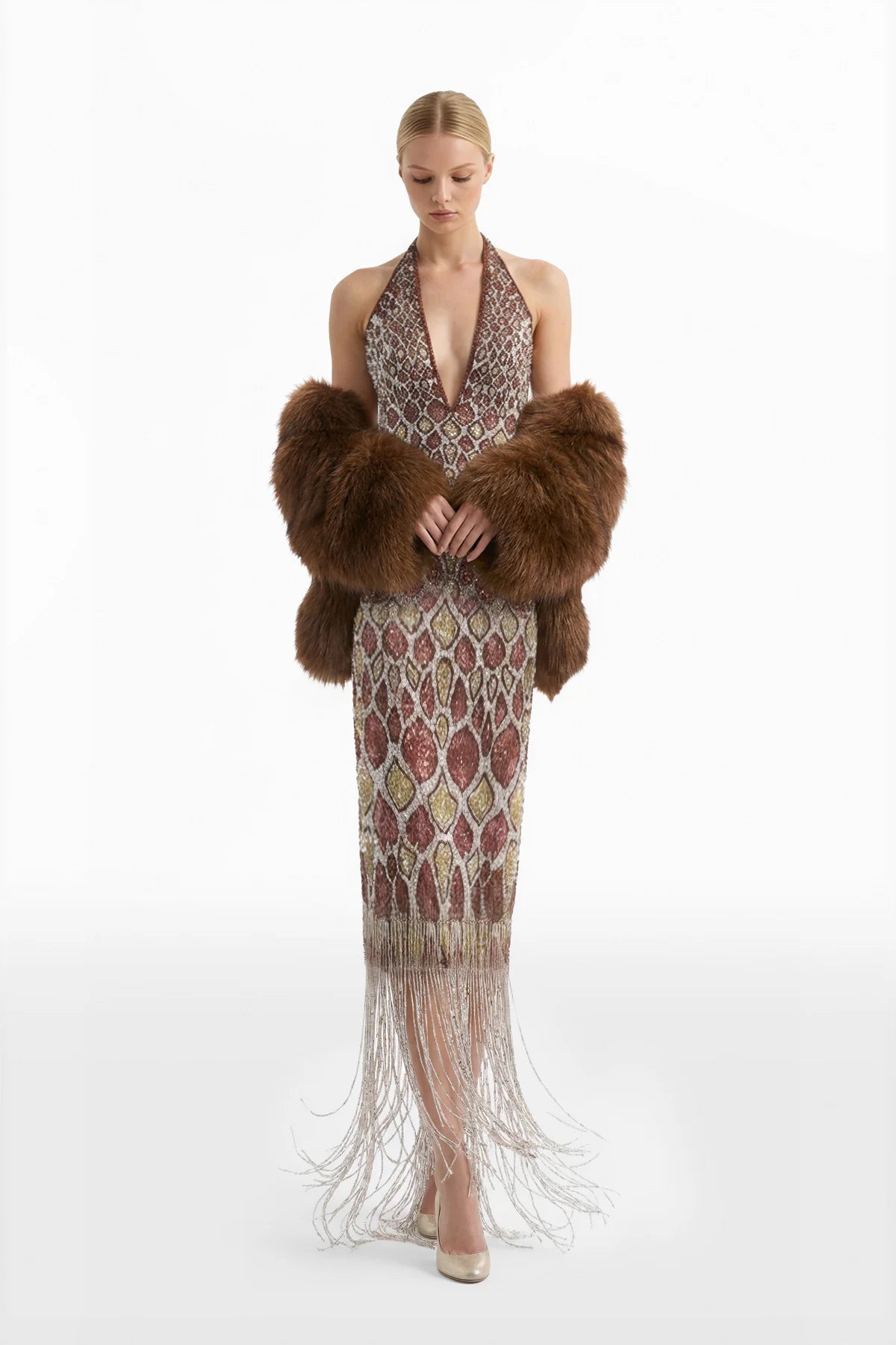 Snake-Inspired Halter Neck Embroidered Dress