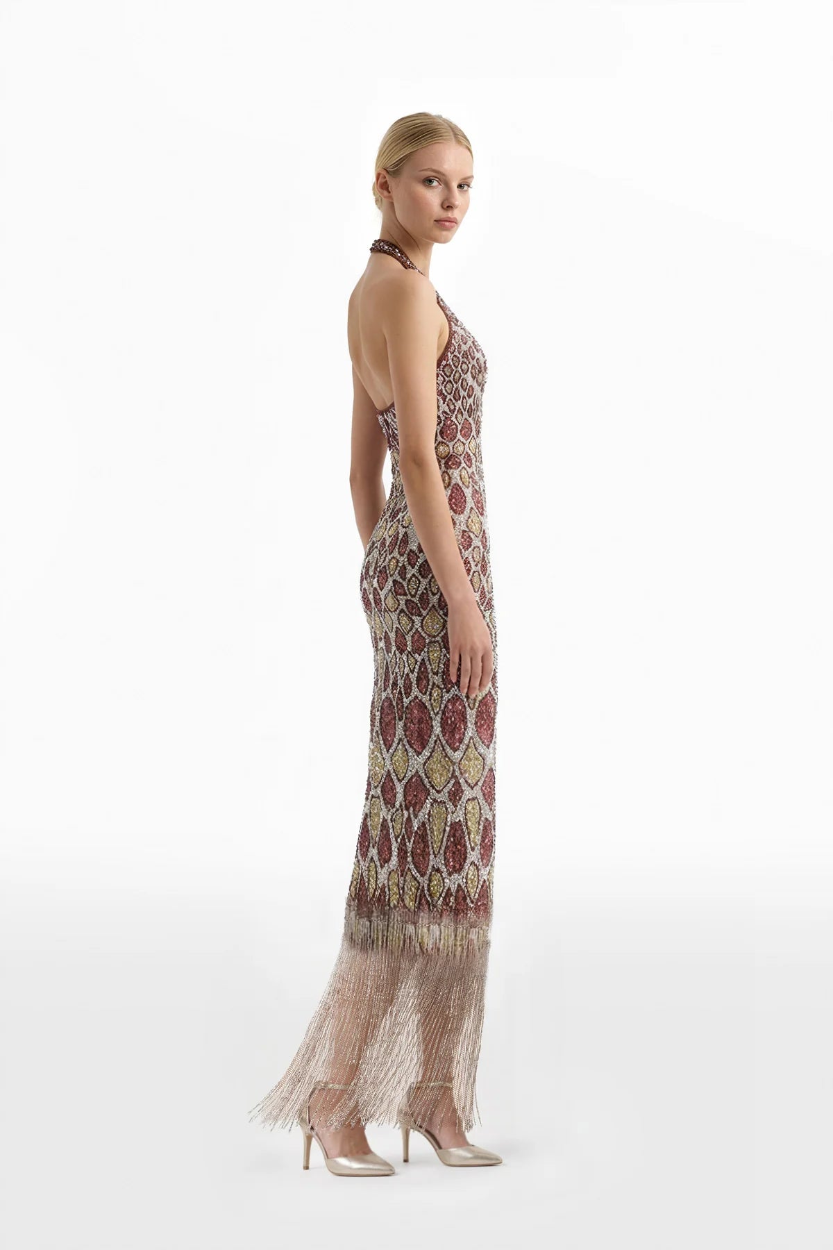 Snake-Inspired Halter Neck Embroidered Dress