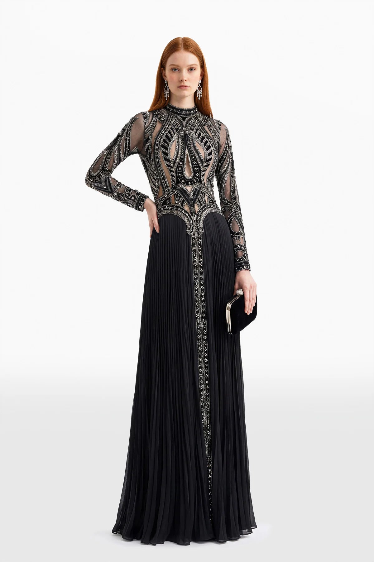 Embroidered Pleated Long Dress