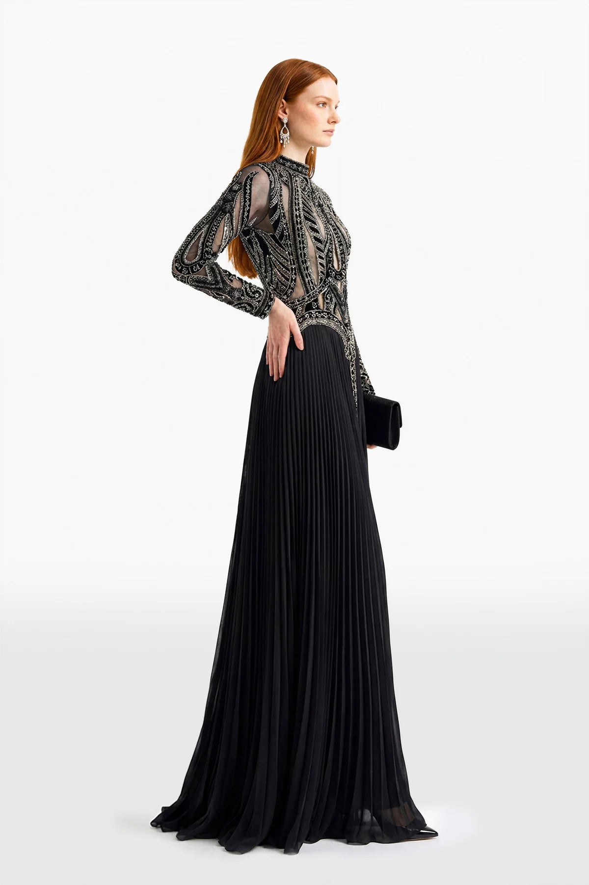 Embroidered Pleated Long Dress