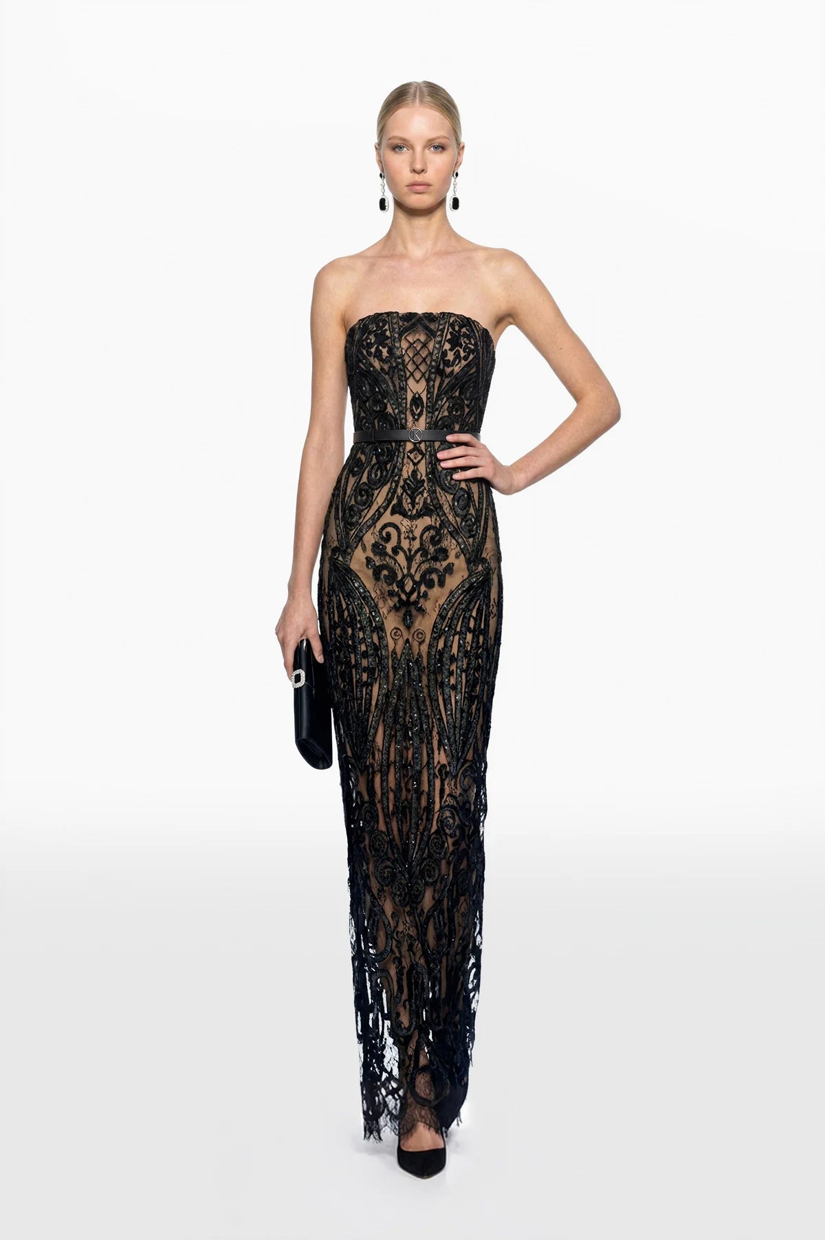 Leather Embroidered Long Dress