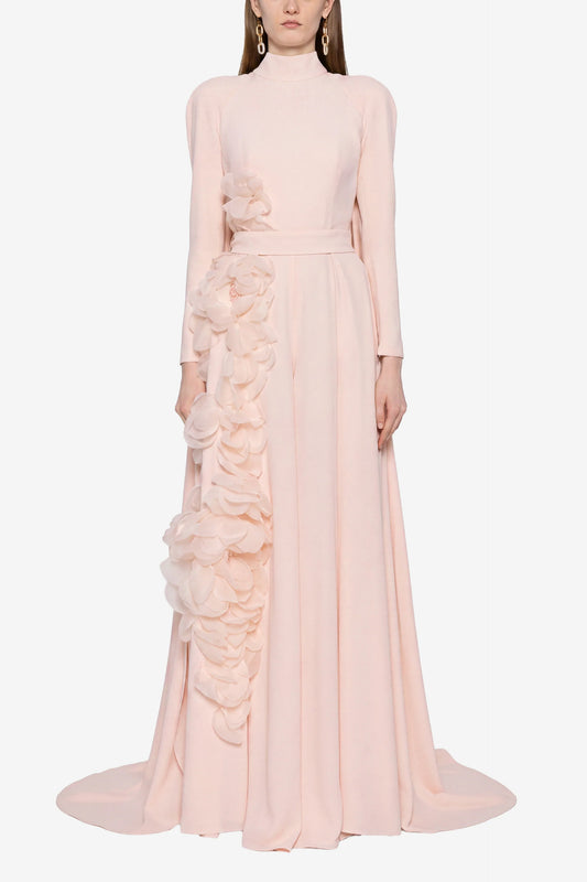Crepe Kaftan Jumpsuit With Organza Flowers