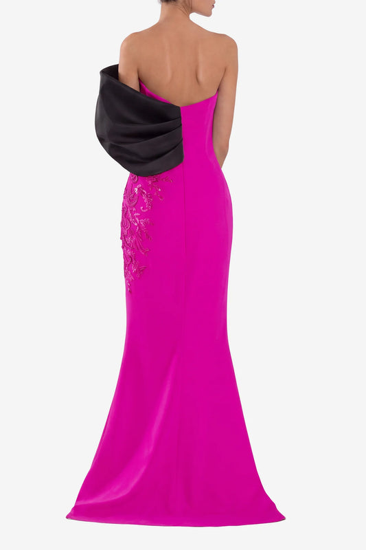 Crepe Gown with Mikado Off the Shoulder Sleeve