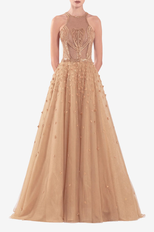 Tulle Beaded A-Line Gown with Halter Neckline