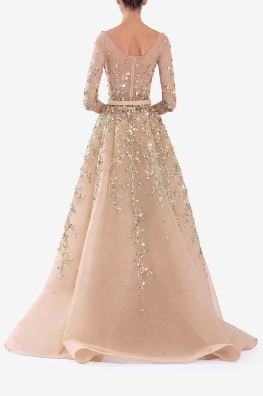 Tulle Beaded Gown with Envelope Skirt and Overskirt