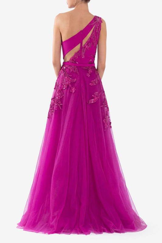 Tulle Beaded One Shoulder Gown with Beading