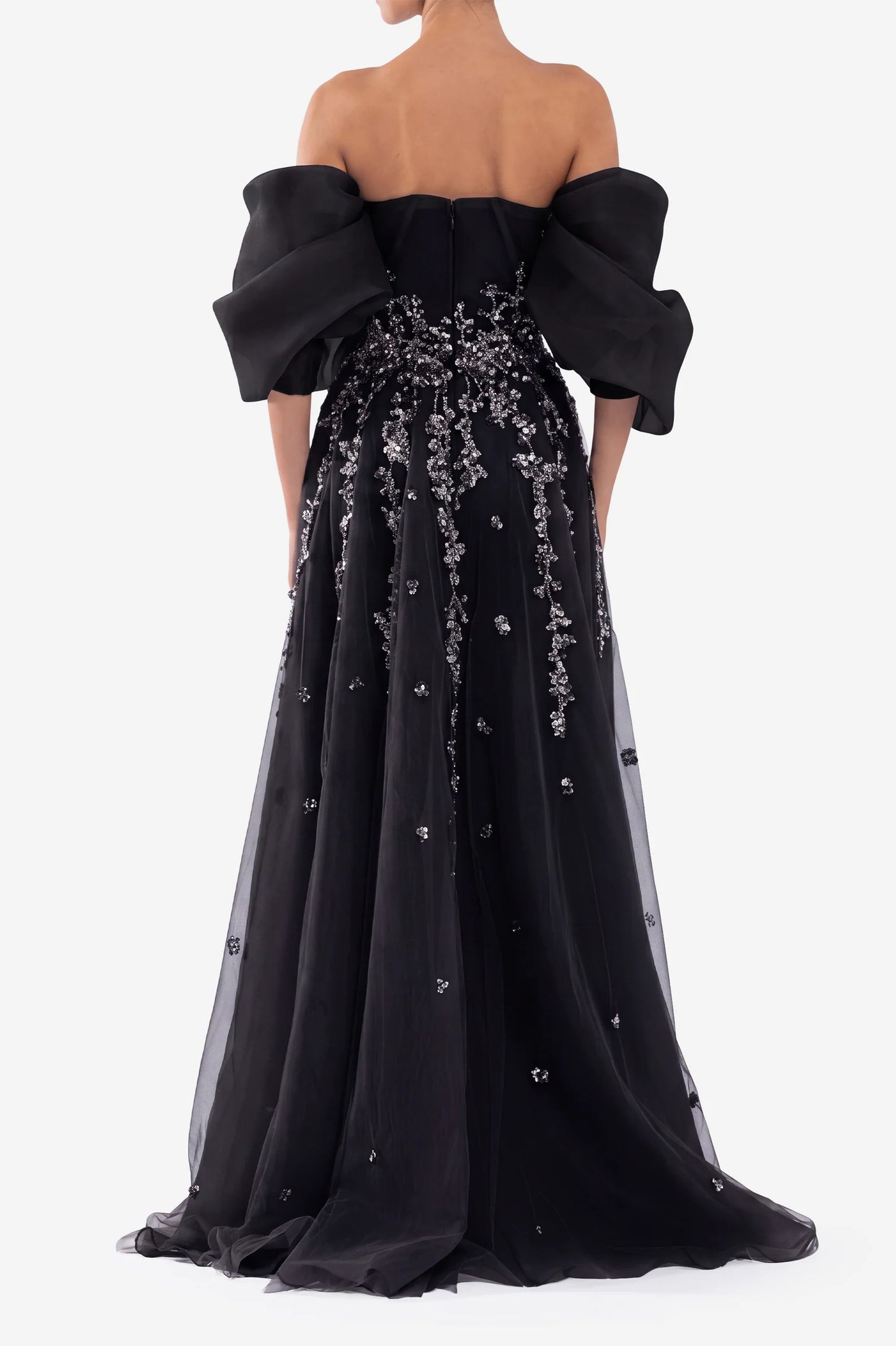Pleated Off Shoulder Organza Gown