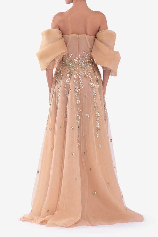 Organza Gown with Dotted Beading and Off Shoulder Sleeves