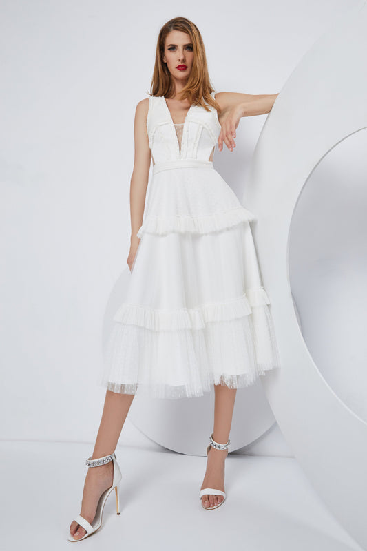 Sleeveless Deep V Neck A-Line Midi Dress