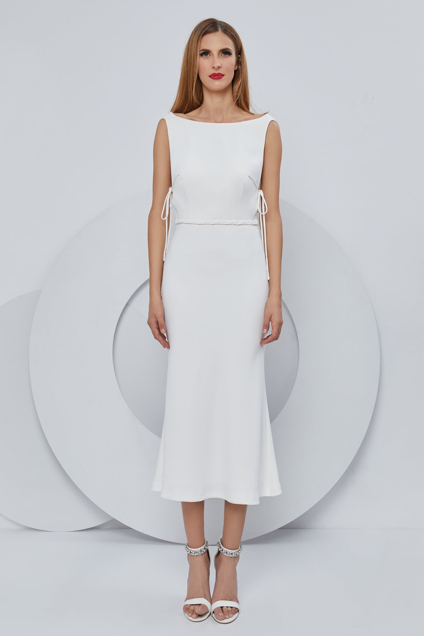 Stretch Crepe Boat Neck Midi Dress