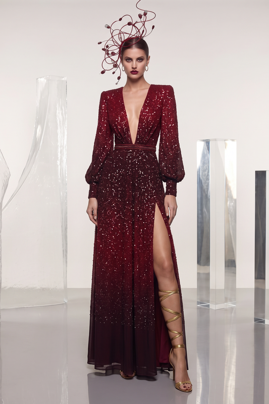 Ombré Sequin Plunge Gown