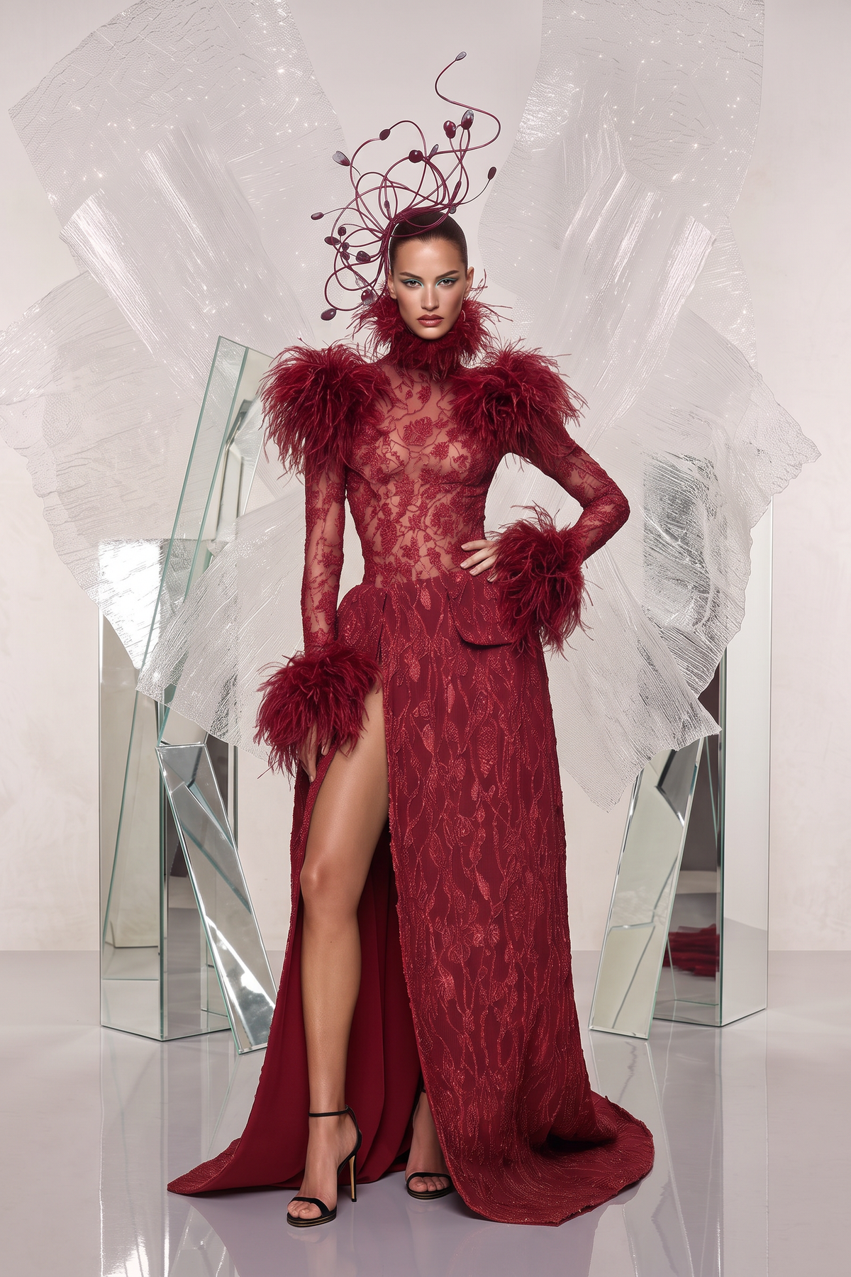 Feathered Lace Slit Gown