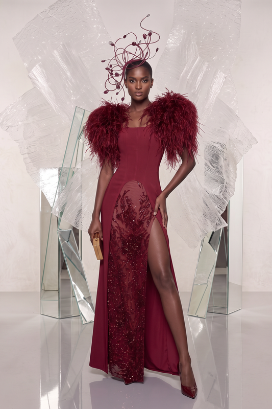 Feather-Shoulder Square-Neck Gown