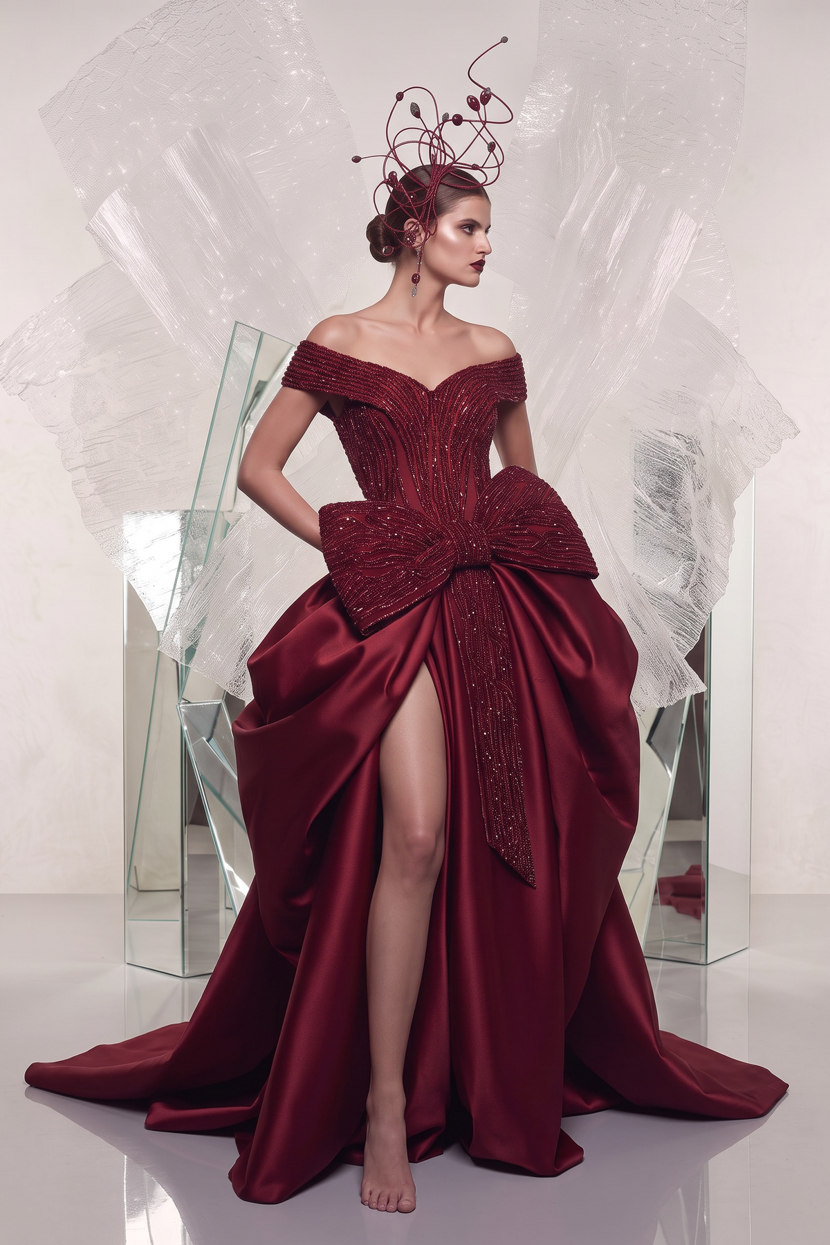 Beaded Satin Bow Gown