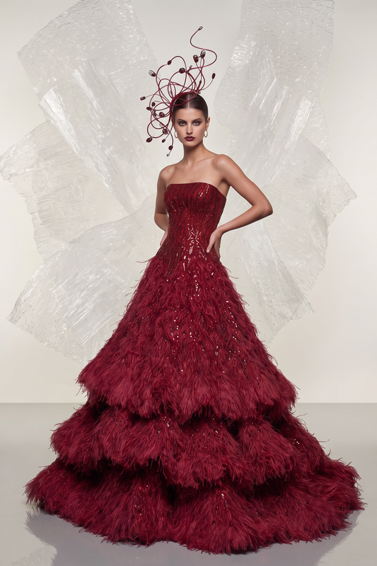 Strapless Feather Ball Gown