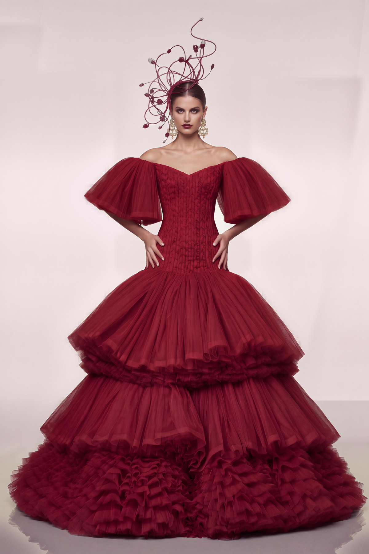 Puff-Sleeve Tiered Tulle Gown