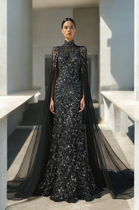 Draping Illusion Sleeve Gown