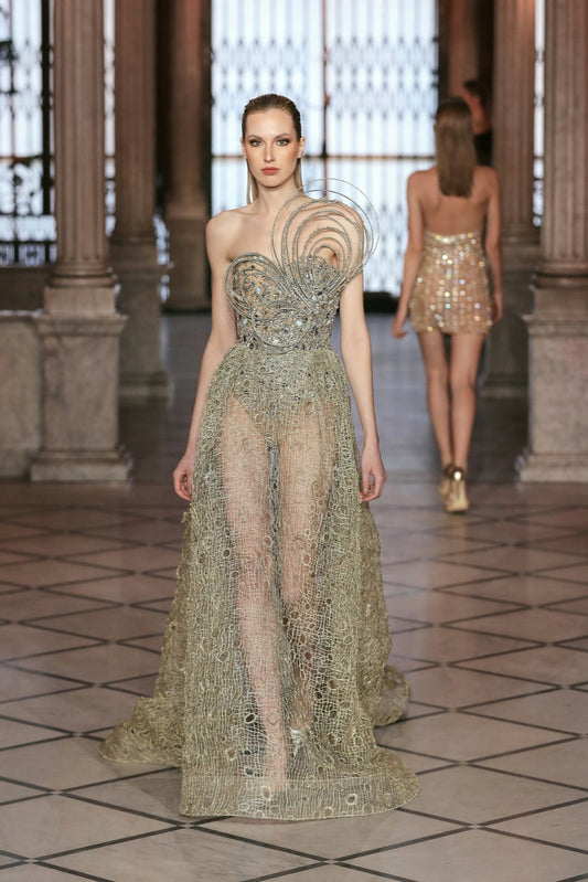 Semi-Sheer Strapless Gown