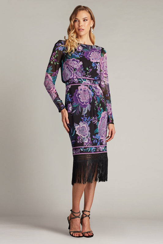 Floral Long Sleeve Fringe Dress